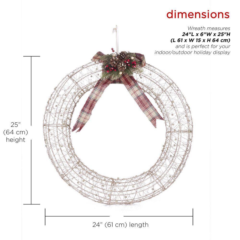 Hanging Christmas Wreath Decoration with Warm White LED Lights, Gold