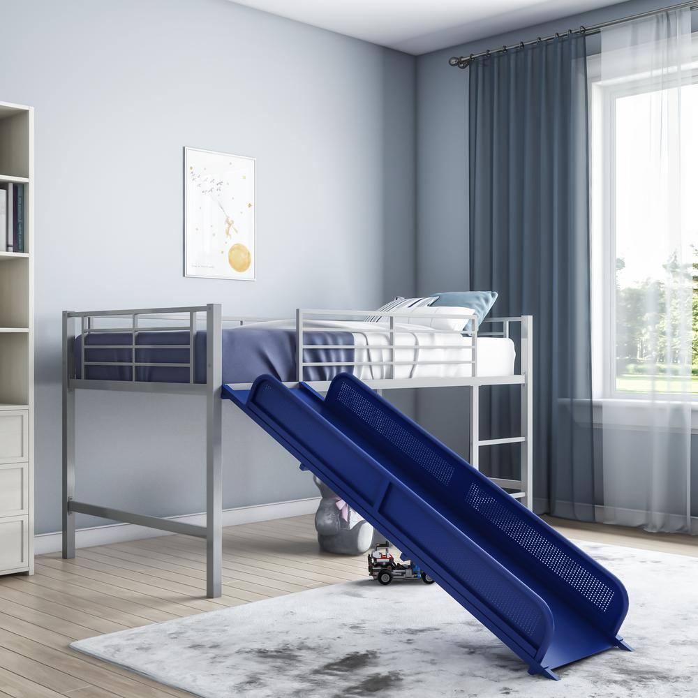 DHP Lively Junior Twin Metal Loft Bed, Silver with Blue Slide