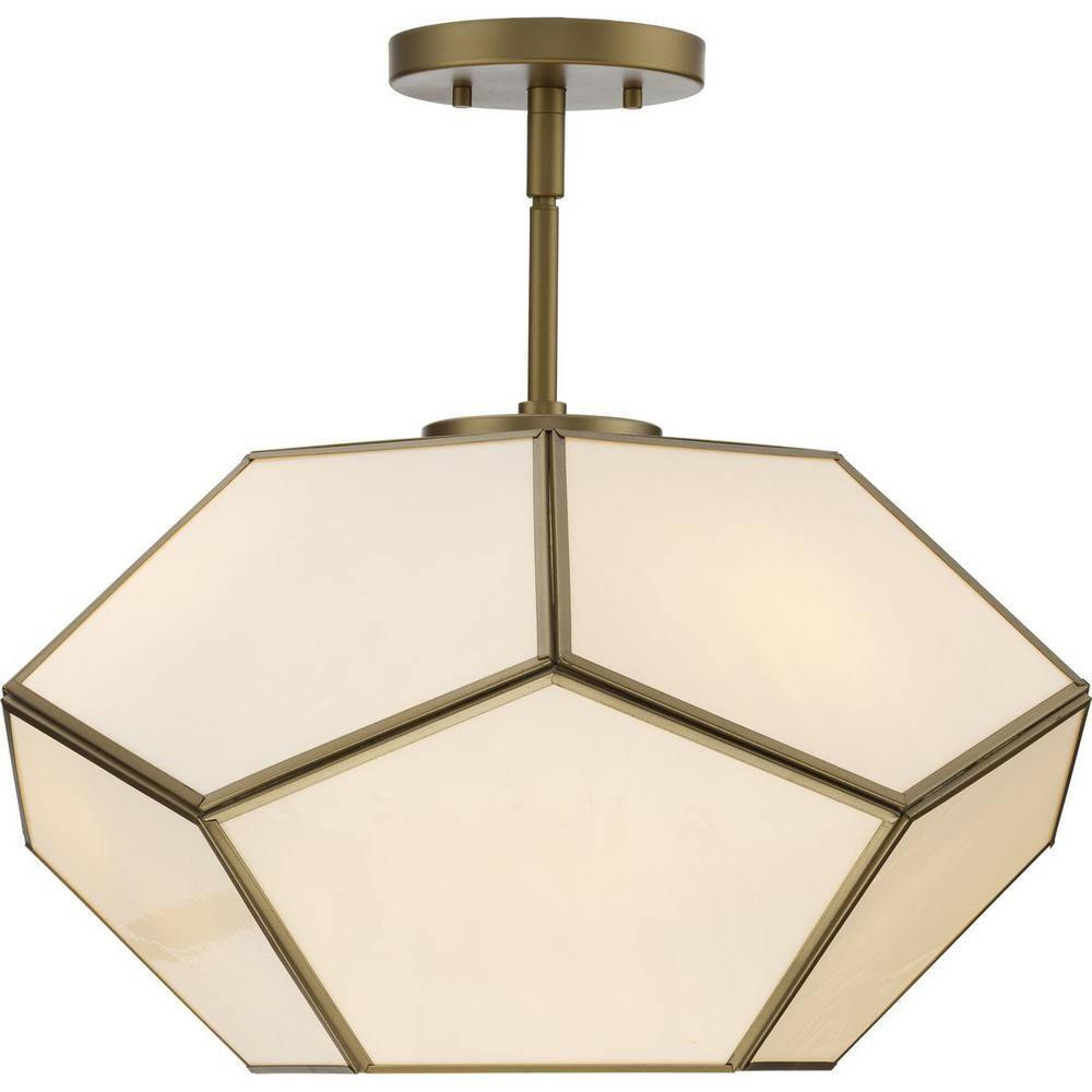 Progress Lighting Latham 3-Light Semi-Flush Mount, Vintage Gold, White Art Glass. Geometric framework with handmade glass.