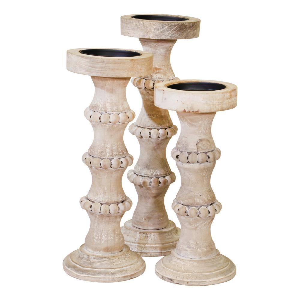 Sagebrook Home Wood Pillar Candle Holder with Decorative Beads, Antique Finish Candlestick for Home or Wedding Decor, Ivory/Beige, 5 L x 5 W x 13 H