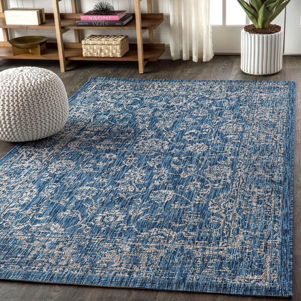 JONATHAN  Y Santa Monica Tela Textured Weave Floral 4 x 6 (ft) Loomed Polypropylene Navy/Gray Rectangular Indoor/Outdoor Border Coastal Area rug