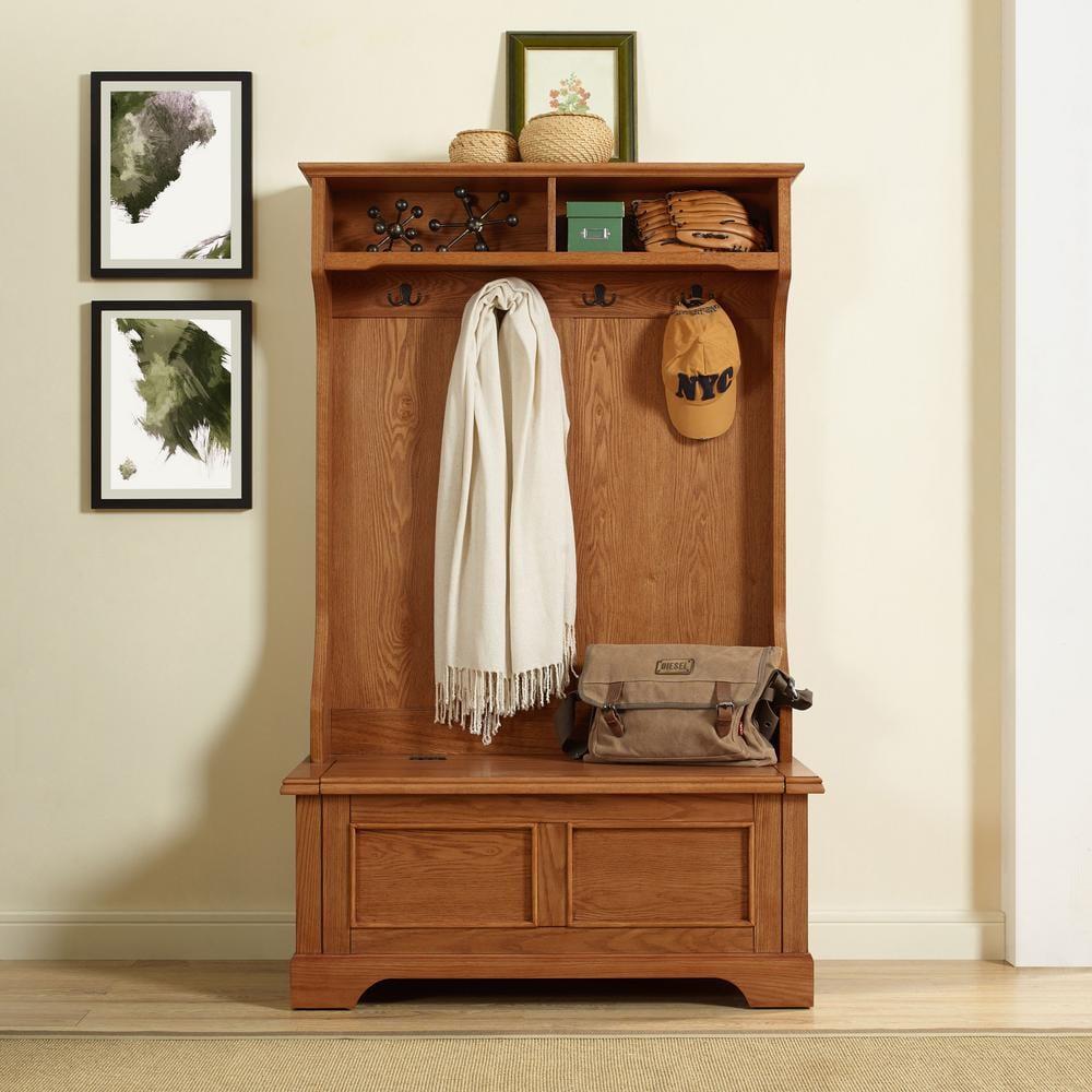 Campbell Hall Tree Oak - Crosley: Spacious Bench, 4 Double Hooks, Shoe Storage