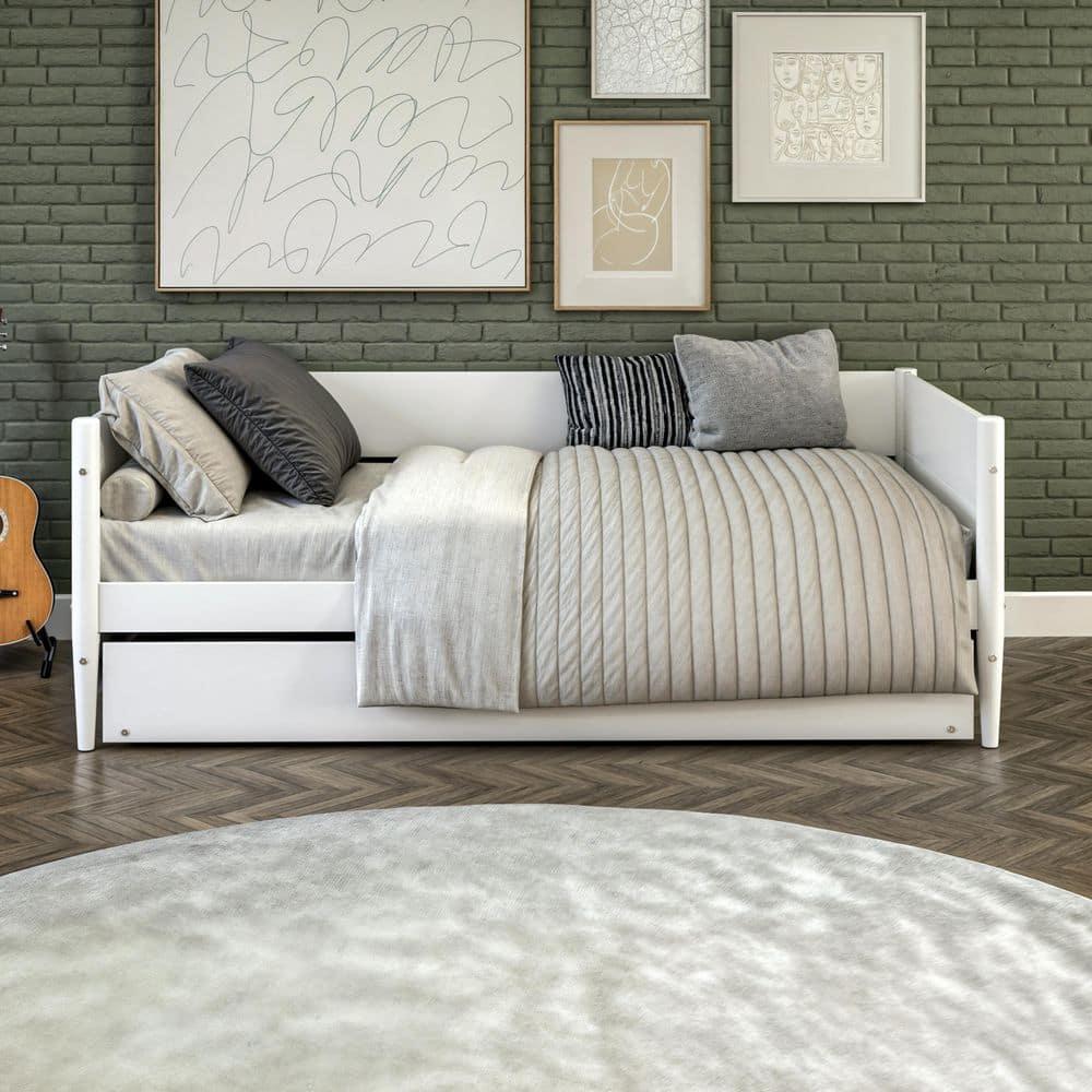 Camaflexi Mid-Century Wood Storage Twin Size Daybed with Trundle White