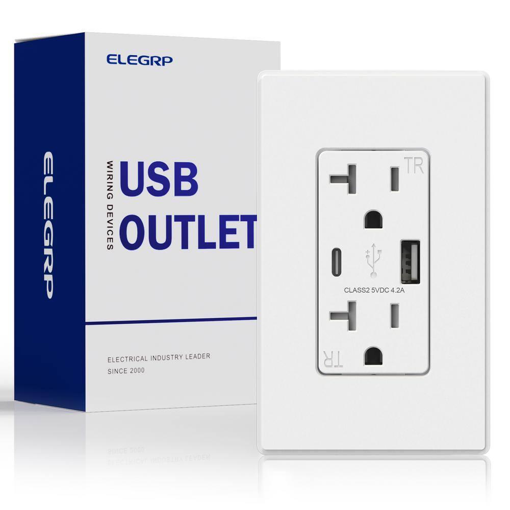 White 21W USB Wall Outlet with Type A and Type C Ports