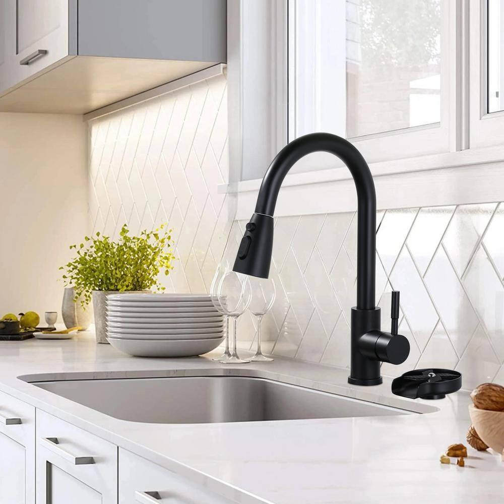 ARCORA Single Handle Stainless Steel Pull-Down Kitchen Faucet with Deckplate and Glass Rinser Combo