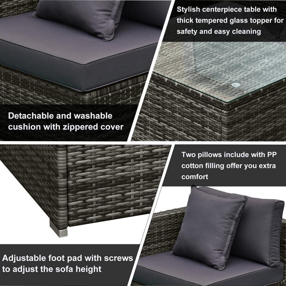 Outsunny 6 Pieces Patio Furniture Sets Outdoor Wicker All Weather PE Rattan Sectional sofa set with Ottoman, Cushions & Tempered Glass Desktop, Gray