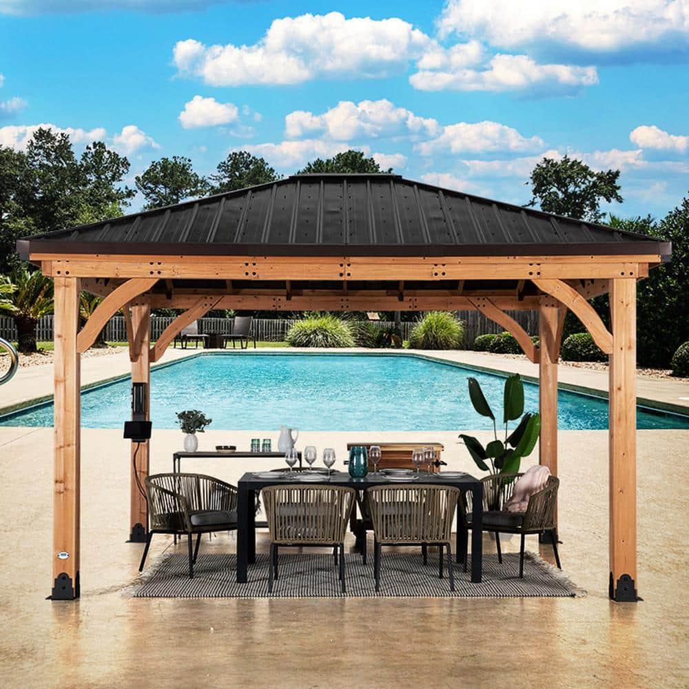 Backyard Discovery Barrington 14' x 12' Cedar Wood Gazebo, Galvanized Steel Roof, PowerPort