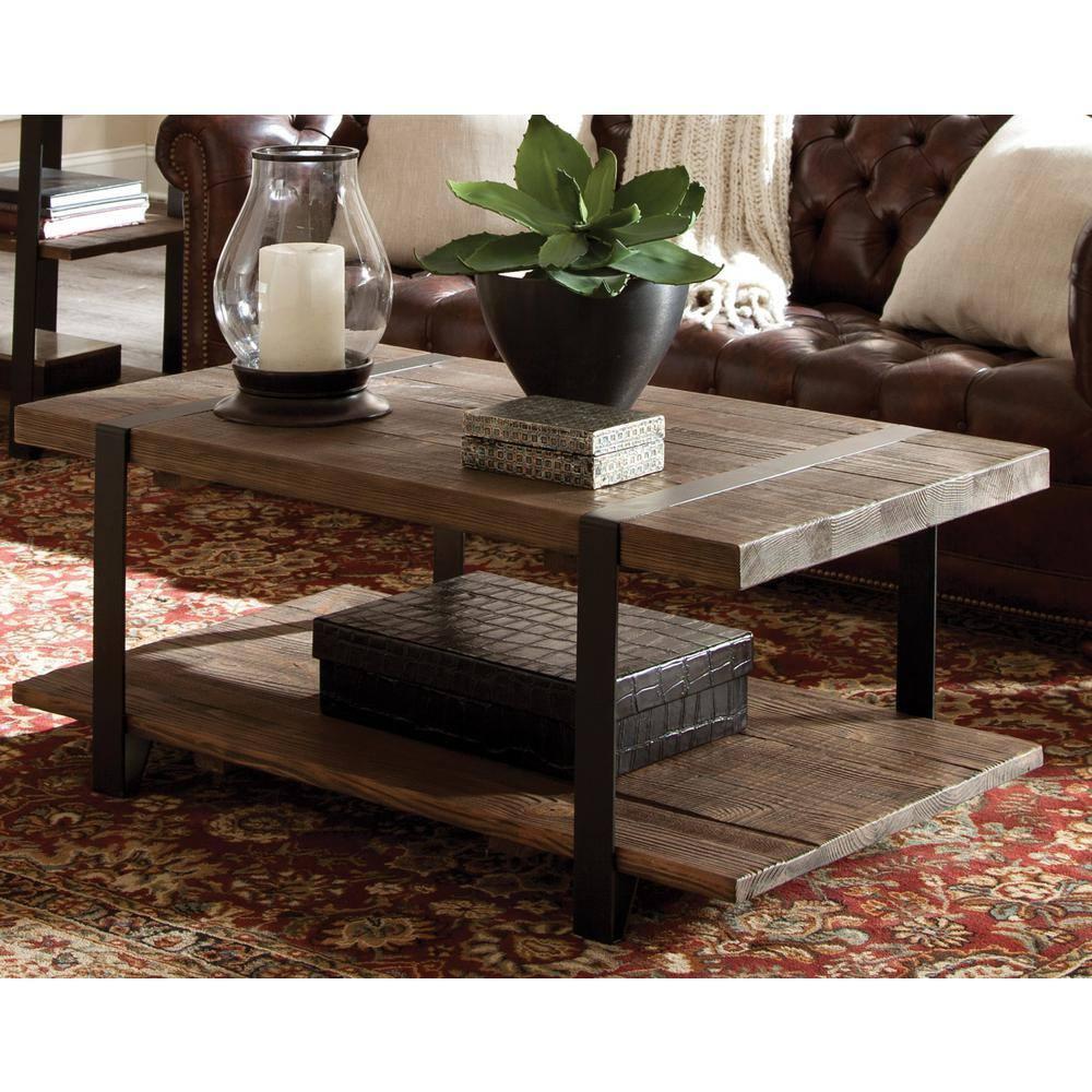 42" Modesto Solid Coffee Table Brown - Alaterre Furniture: Industrial Style, Reclaimed Wood, Metal Legs, Fixed Shelf