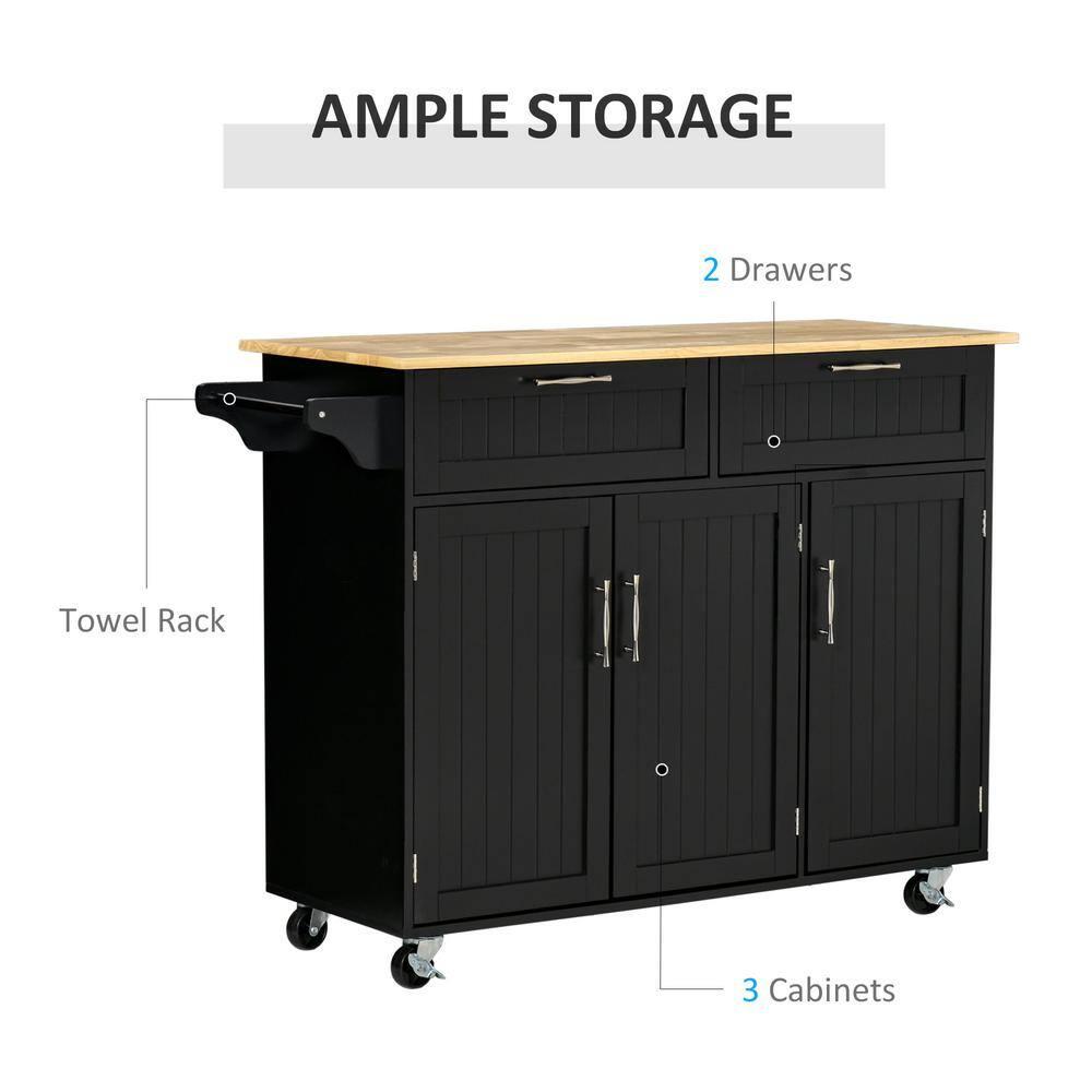 HOMCOM Modern Kitchen Island Cart on Wheels with Storage Drawers, Rolling Utility Cart with Adjustable Shelves, Cabinets and Towel Rack, Black