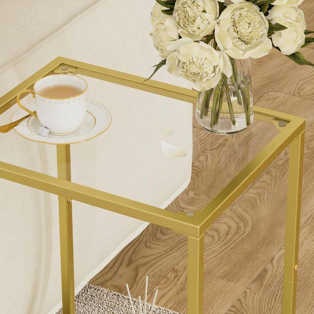 15 in. Gold Metal and Glass Rectangle End Table with 2-Tier Storage