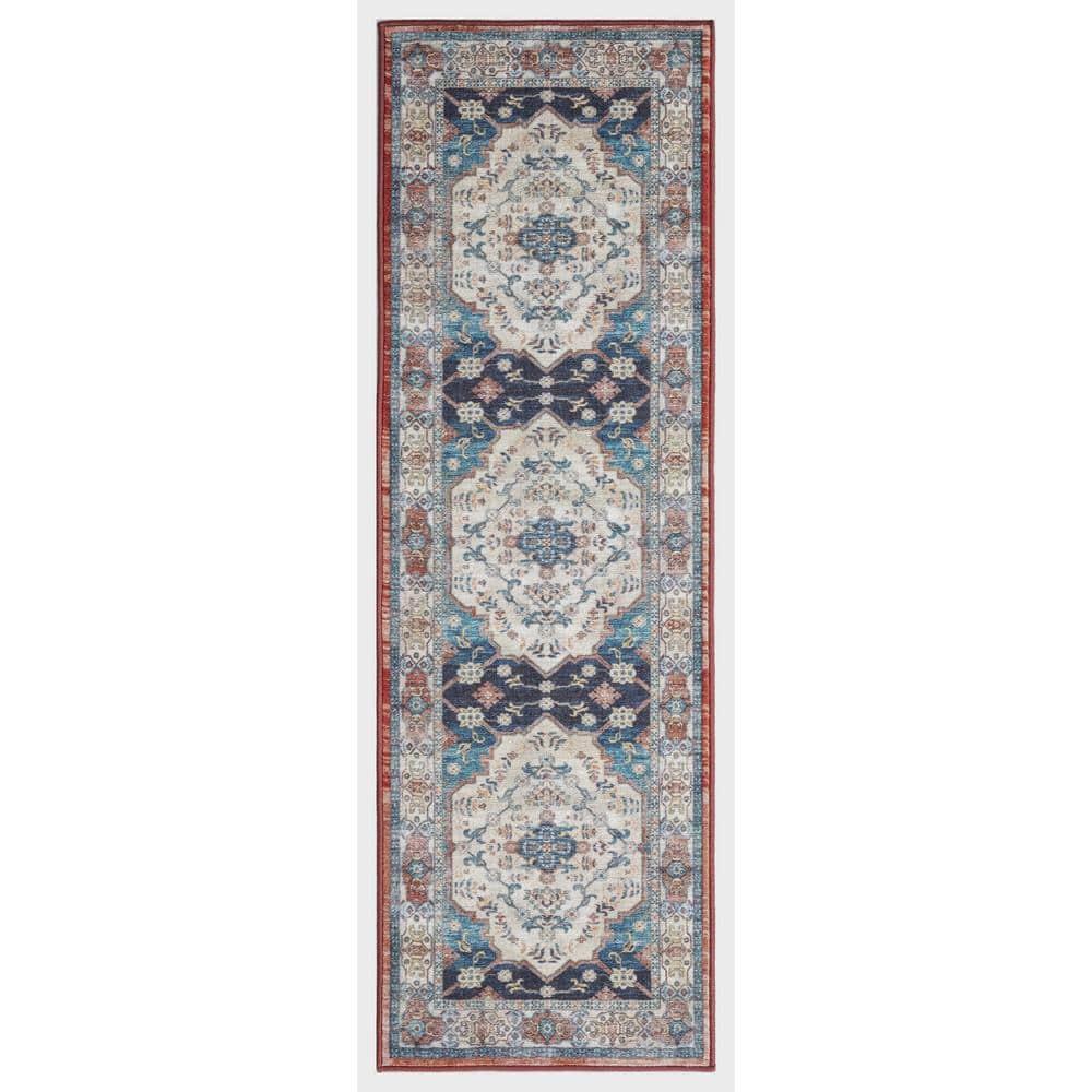 Ocean Medallion Navy 3 ft. x 9 ft. Machine Washable Traditional Indoor Area Rug