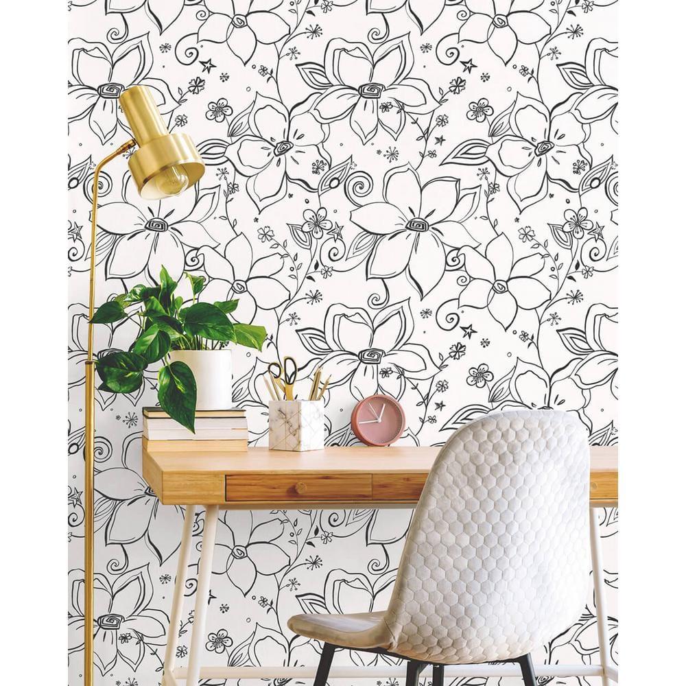 NextWall Black & White Linework Floral Peel and Stick Wallpaper