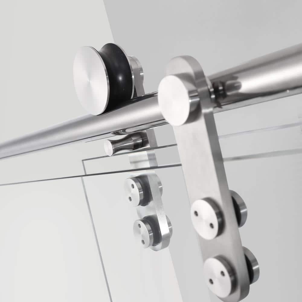 Frameless Single Sliding Shower Door, 5/16" (8Mm) Clear Tempered Glass With Explosion-Proof Film, Brushed Nickel Finish, Stainless Steel Hardware
