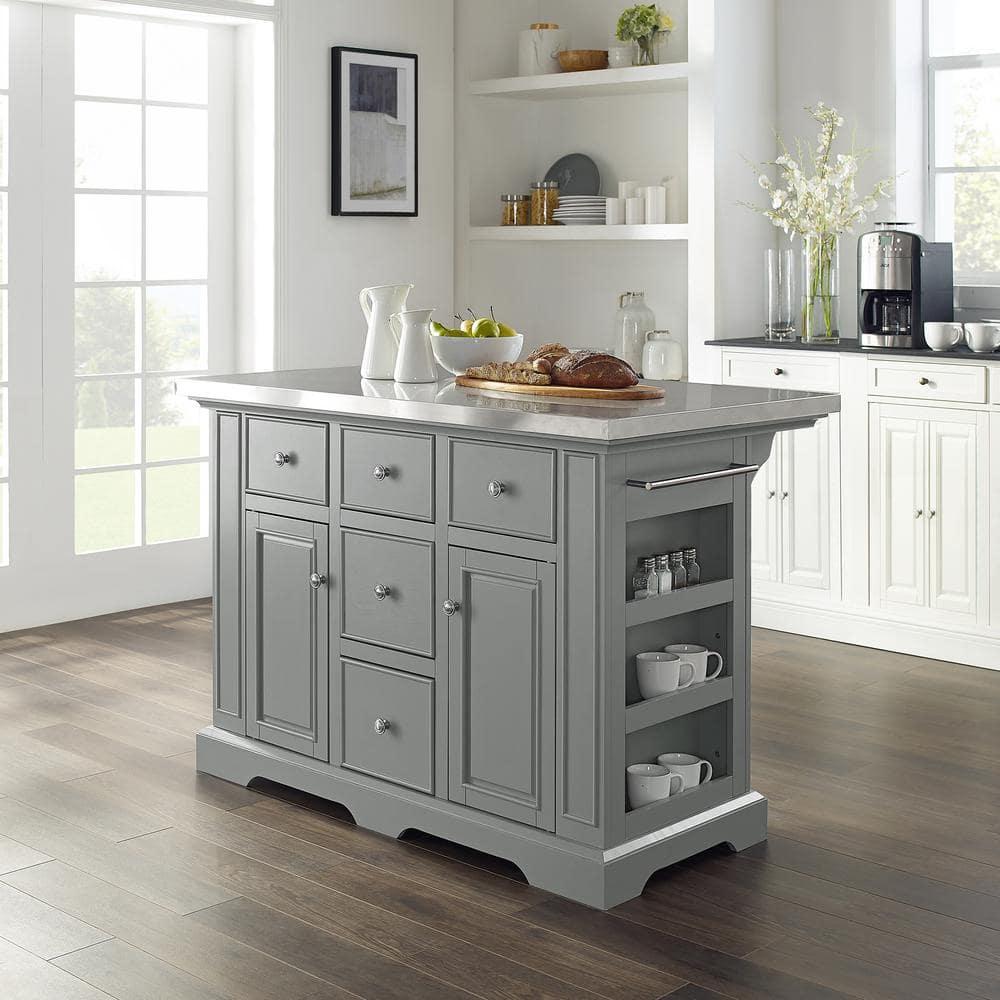 Julia Stainless Steel Top Kitchen Island Gray - Crosley: Towel Bar, Spice Rack, 5 Drawers, 2 Cabinets
