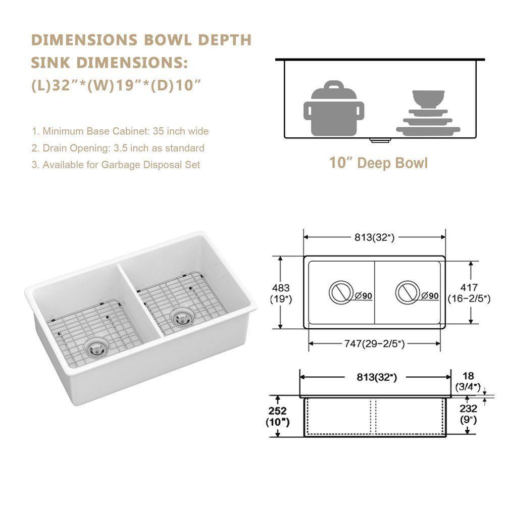 Sarlai 32'' L x 19" W White Ceramic 50/50 Double Basin Drop-In/Undermount Kitchen Sink with Sink Grids S-CSU3219-55