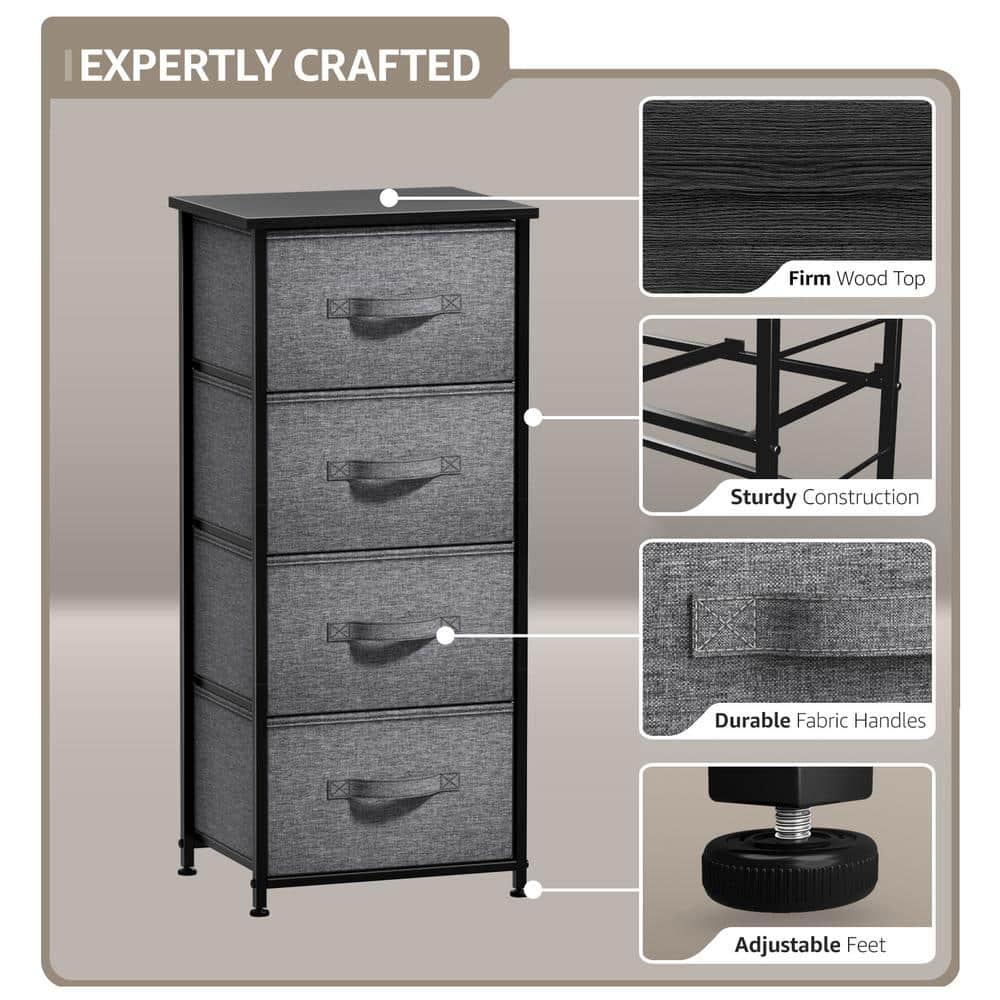 Sorbus 4 Drawers Chest Nightstand - Storage for Closet, Home, College Dorm - Features Steel Frame, Wood Top, & Fabric Bins (Black)
