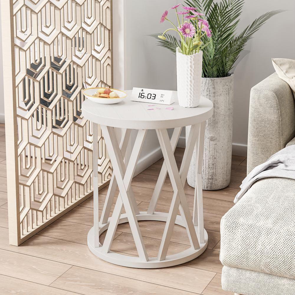 COZAYH Farmhouse End Table, Rustic Round Side Table with X-Motifs Legs, Wood Textured Top, for Boho, French Country Decor, Antique White