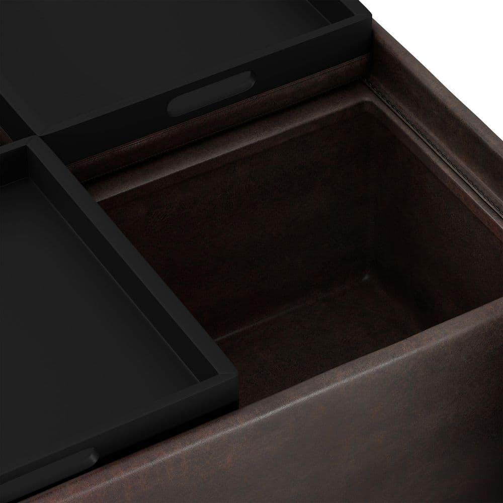 Simpli Home Avalon 35"W Upholstered Square Coffee Table Storage Ottoman with Flip-Over Trays