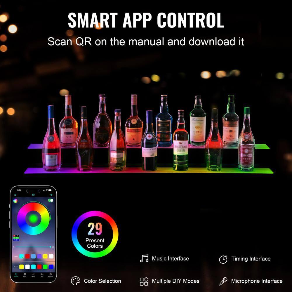 VEVOR LED Lighted Liquor Bottle Display, 2 Tiers 48 Inch Commercial Illuminated Home Bar Shelf, 2 Steps Whiskey Rack Stand, Acrylic Drink Shelves with RF Remote & App Control, and Multicolor Lighting