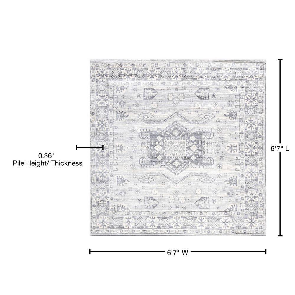 6' Square Modern Persian Vintage Medallion Area Rug, Light Gray - JONATHAN Y