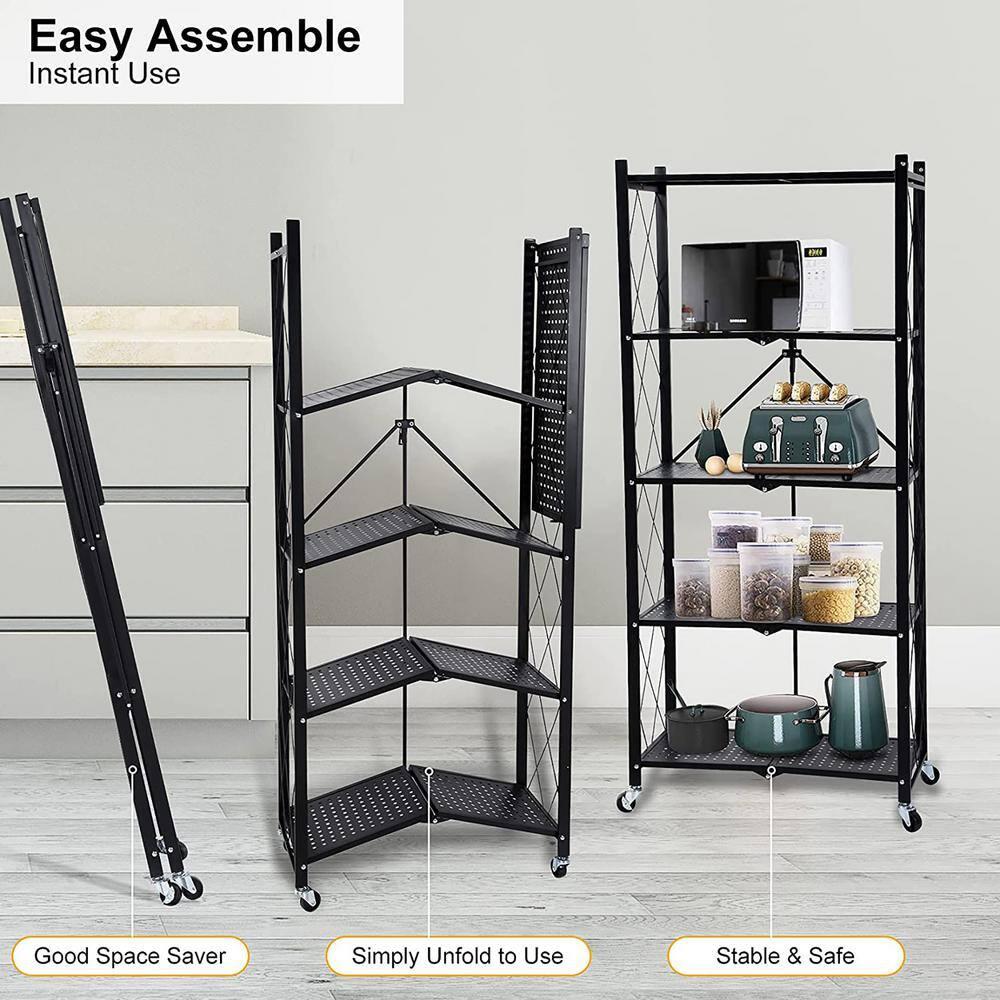5-Tier Black Metal Kitchen Shelf Foldable Storage Rack with WheelsMultifunctional Cart