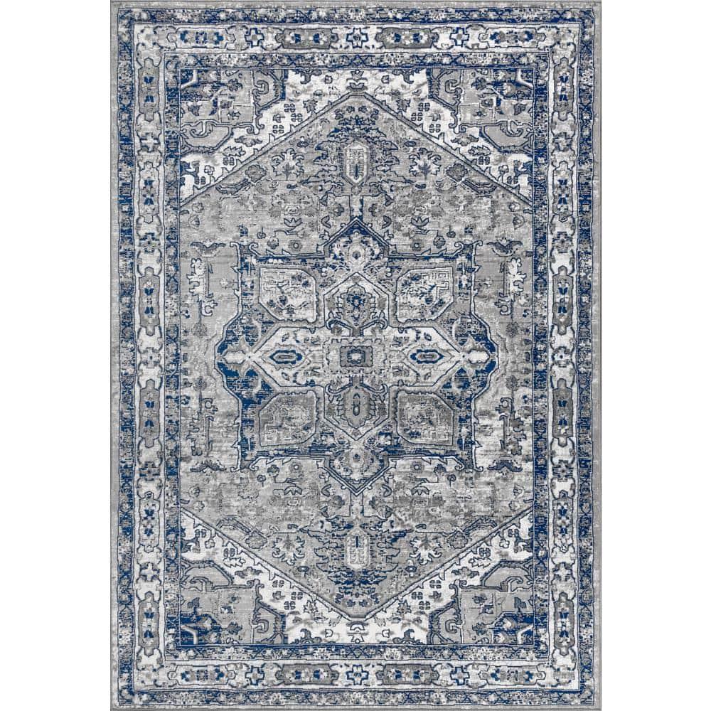 5'x8' Modern Persian Vintage Medallion Area Rug, Light Grey/Navy - JONATHAN Y