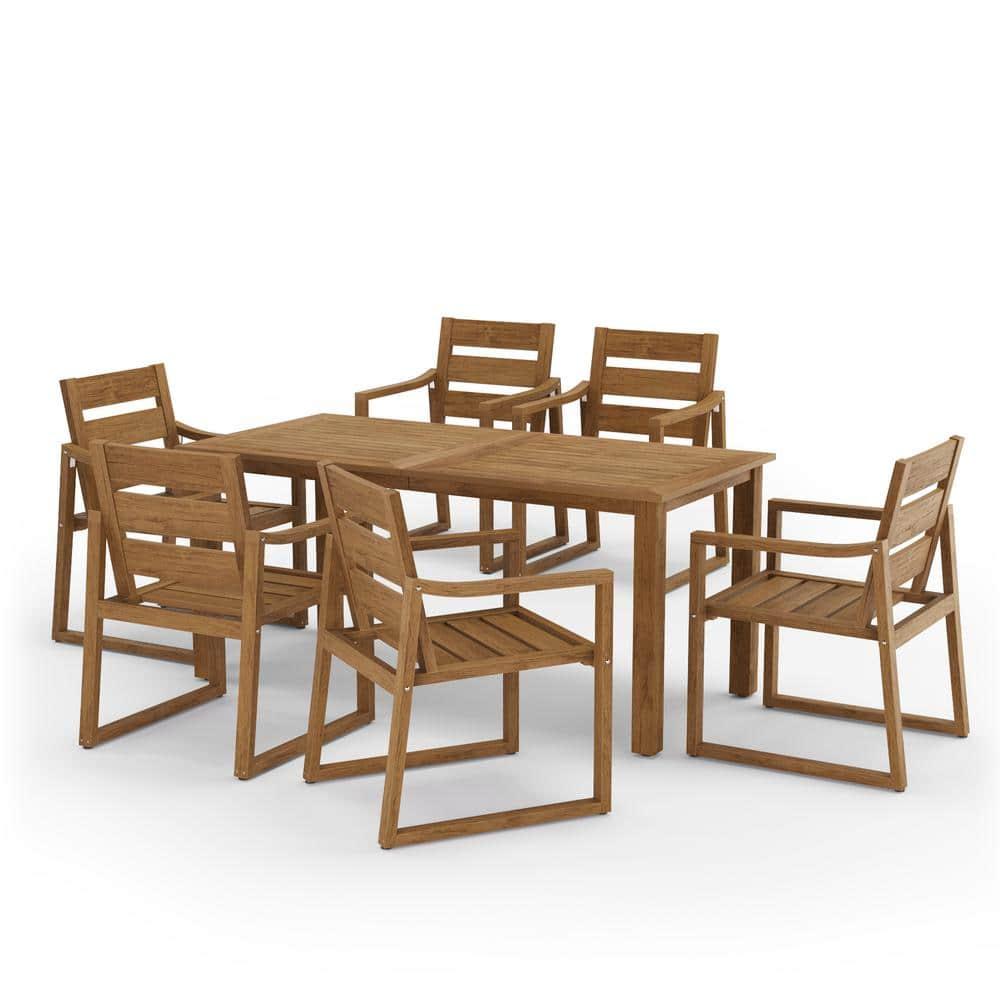 7-Piece Brown Recycled Plastic HDPS Outdoor Dining Set All Weather Indoor Outdoor Patio Table and Chairs with Armrest