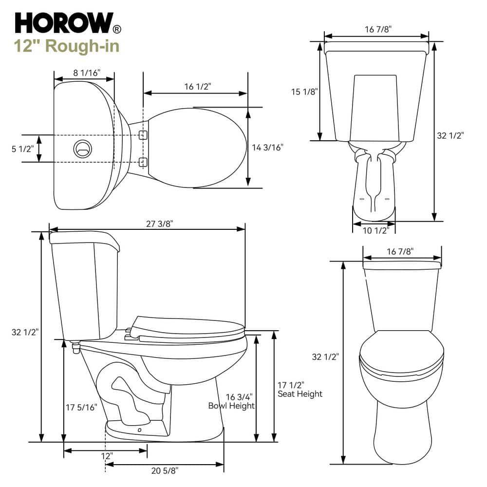 HOROW 1.28 Gallons GPF Round Chair Height Floor Mounted Two-Piece Toilet (Seat Included)