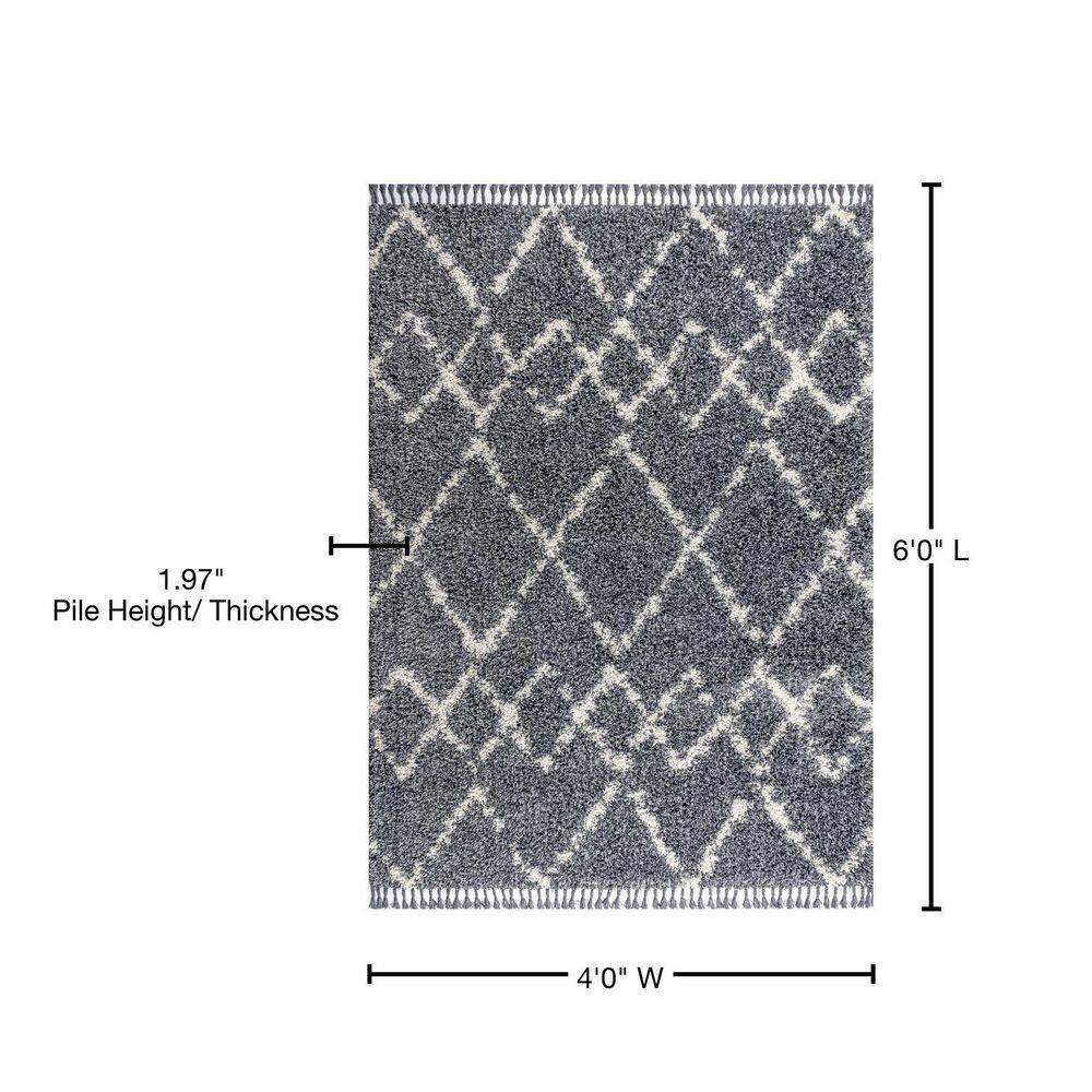 4'x6' Mercer Shag Plush Tassel Moroccan Geometric Trellis Area Rug, Denim/Cream - JONATHAN Y