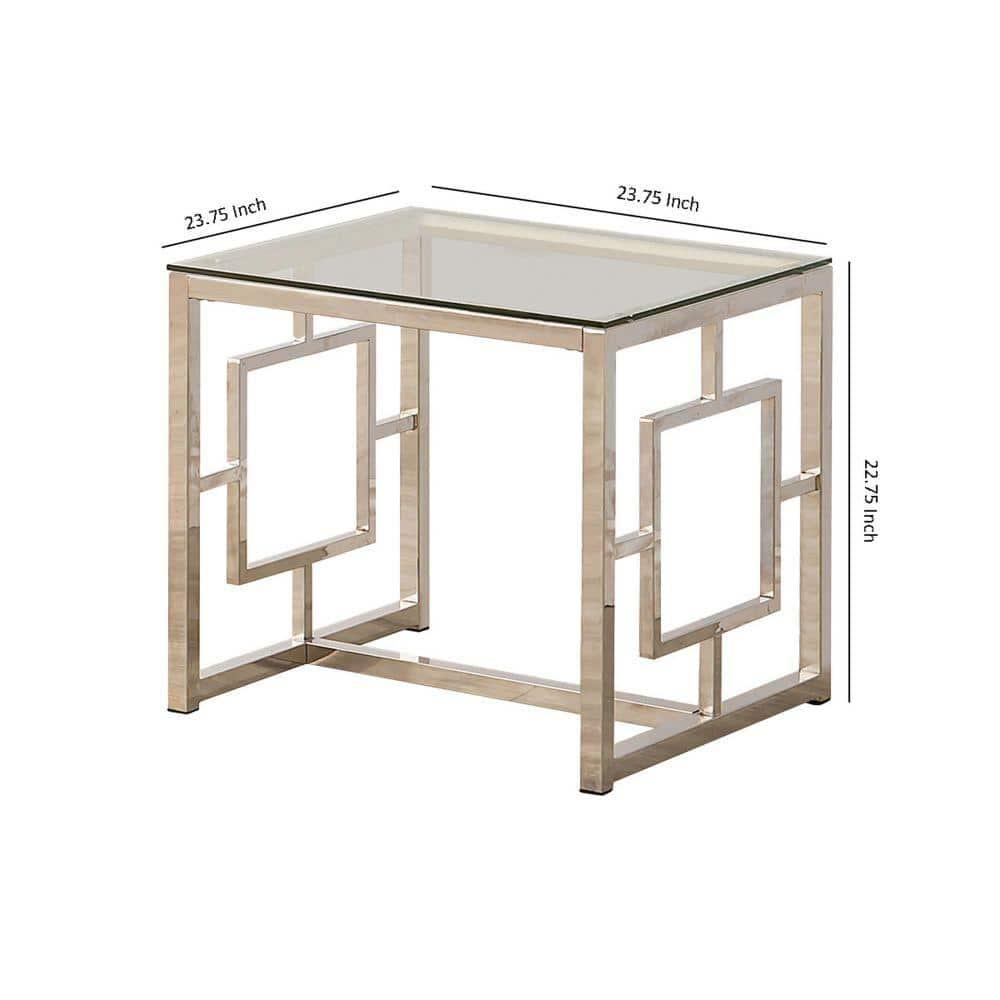 Benjara Tempered Glass Top End Table with Lattice Cut Out Panels, Silver and Clear