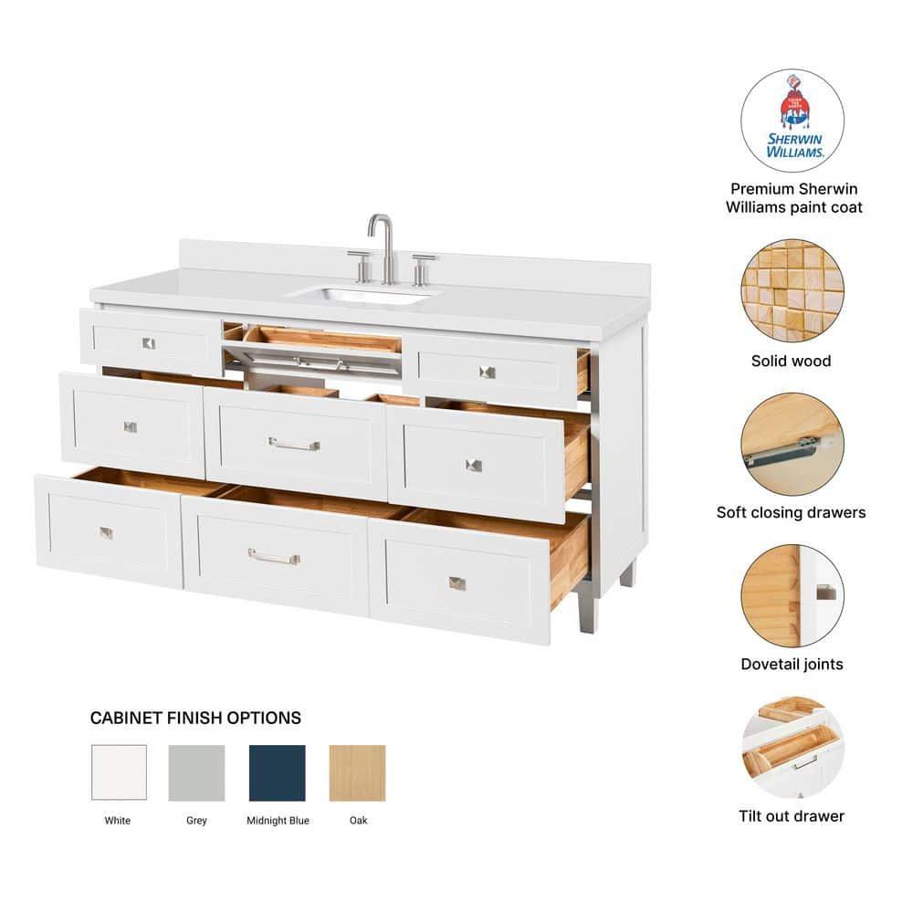 Ariel Monroe 67 Inch Single Rectangular Sink Bathroom Vanity With Pure White Quartz Countertop