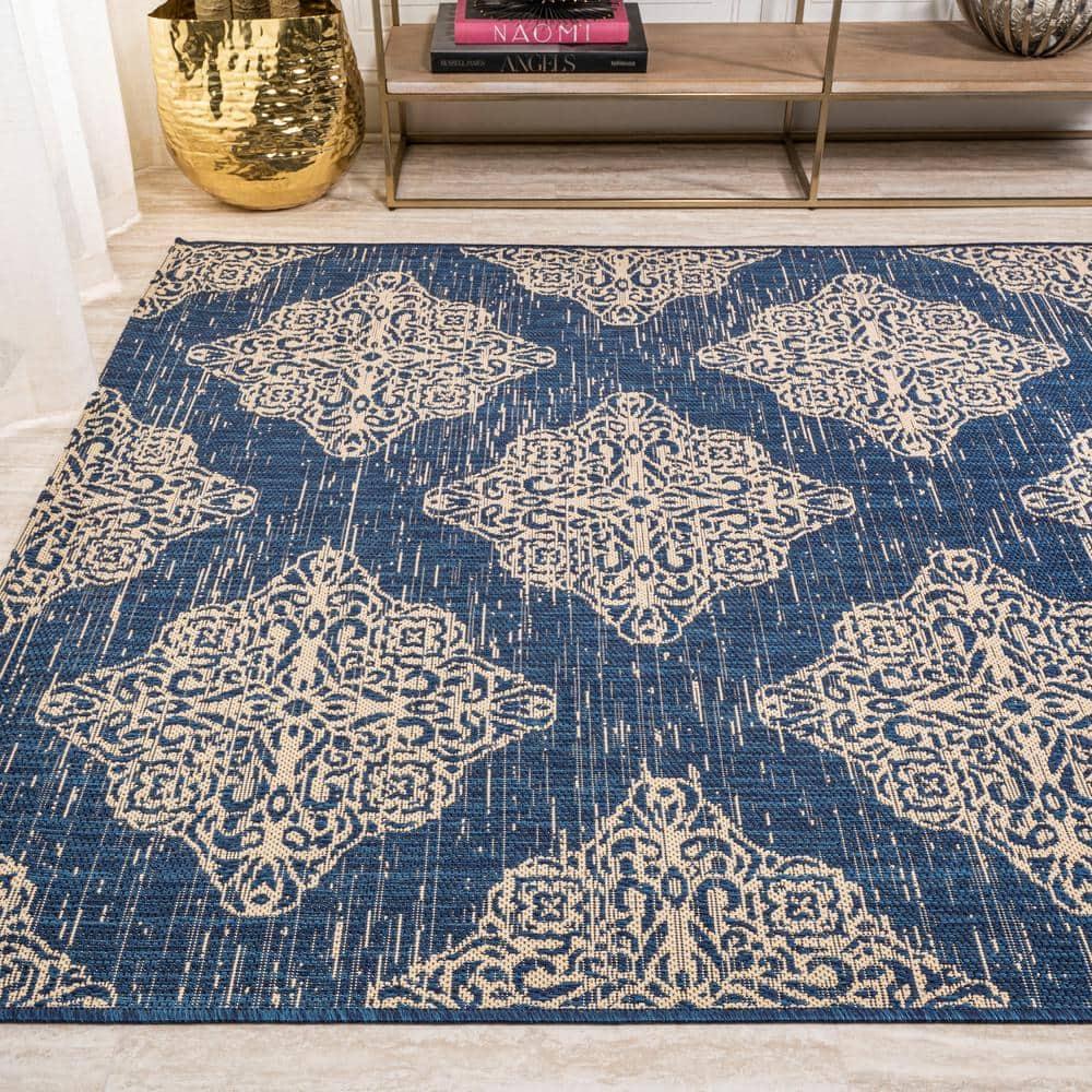 4'x6' Tuscany Ornate Medallions Indoor/Outdoor Area Rug, Navy/Beige - JONATHAN Y