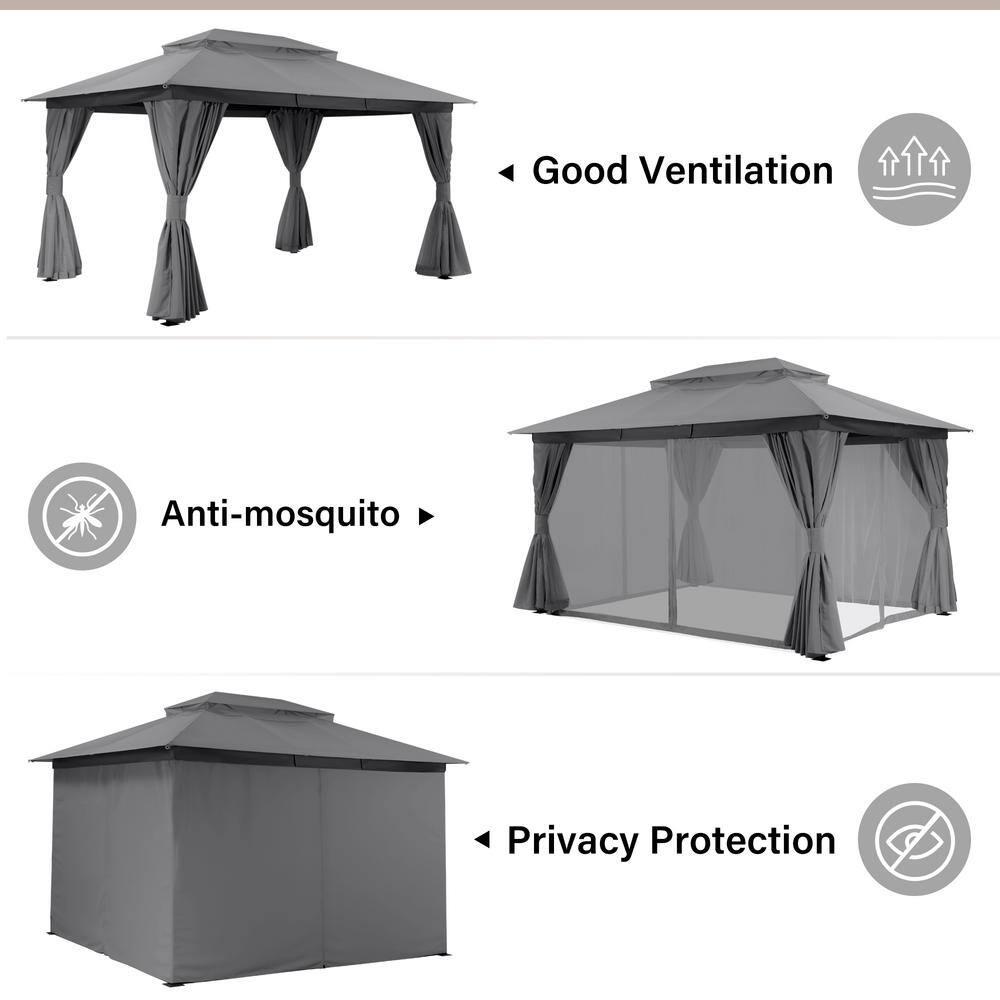 LAUSAINT HOME 10'x13' Patio Gazebo, Double Roof Outdoor Shelter Tent with Mosquito Nettings and Privacy Screens, Gray