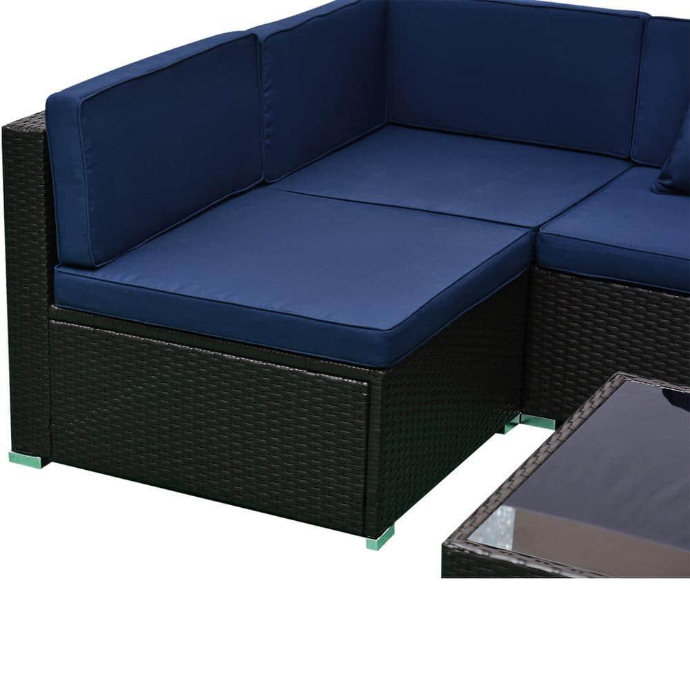 Outsunny 7 Piece Outdoor Patio Furniture Set, PE Rattan Wicker Sectional Sofa Set with Couch Cushions, Pillows, Coffee Table, Blue