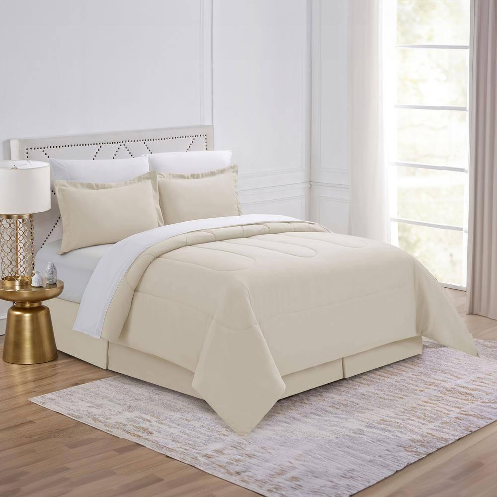 Cathay Home Basic Bedding Home Essential Ultra Soft Lightweight 8PC Wrinkle Resistant Microfiber Bed in a Bag Set (Includes Complete Sheet Set, Comforter Set & Bedskirt) - Twin, Coconut Milk