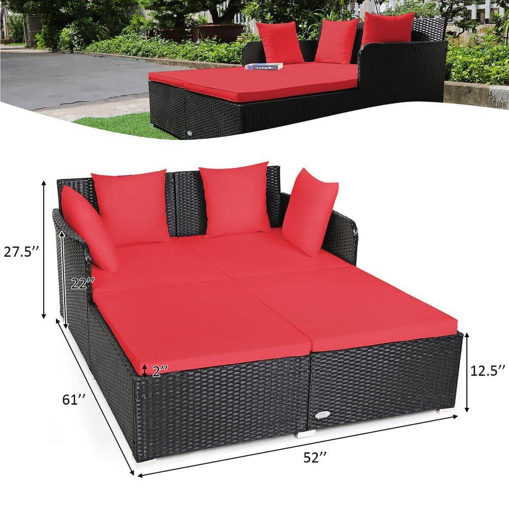 Costway Outdoor Patio Rattan Daybed Thick Pillows Cushioned Sofa Furniture Red