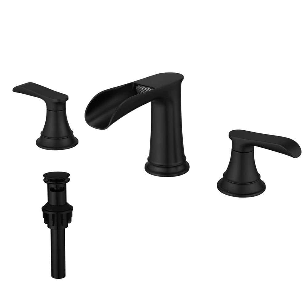Bathroom Faucet 3 Hole Black, 8 inch Widespread Bathroom Faucet Waterfall Face Basin Faucet for Bathroom Sink, Matte Black (A.Matte Black)