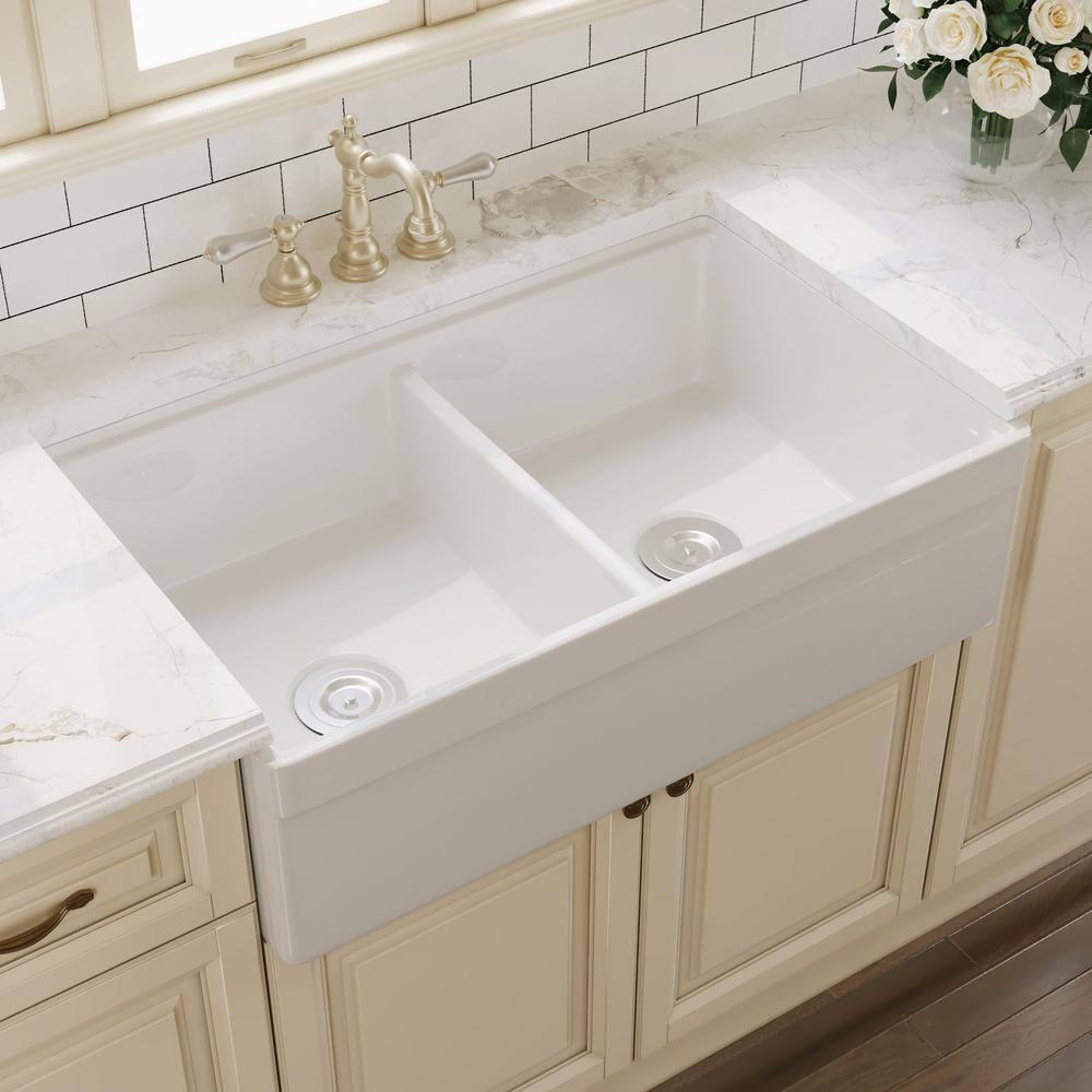 33" L X 20" W White Fireclay Double Bowl Workstation Farmhouse Kitchen Sink with Cutting Board And Dish-Drying Rack