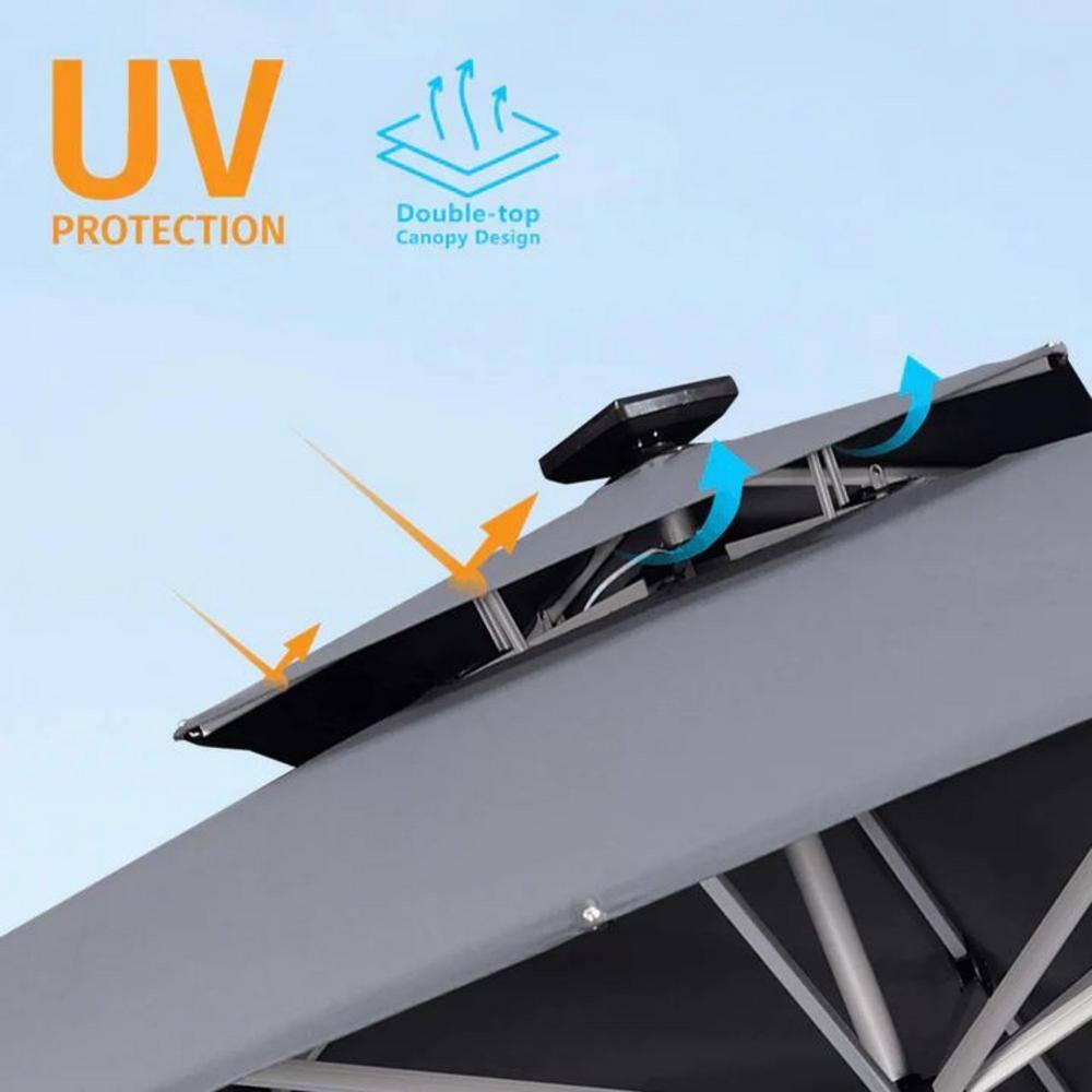 PURPLE LEAF 11FT Square Double Top Deluxe Solar Powered LED Patio Umbrella Outdoor Cantilever Umbrella, Gray