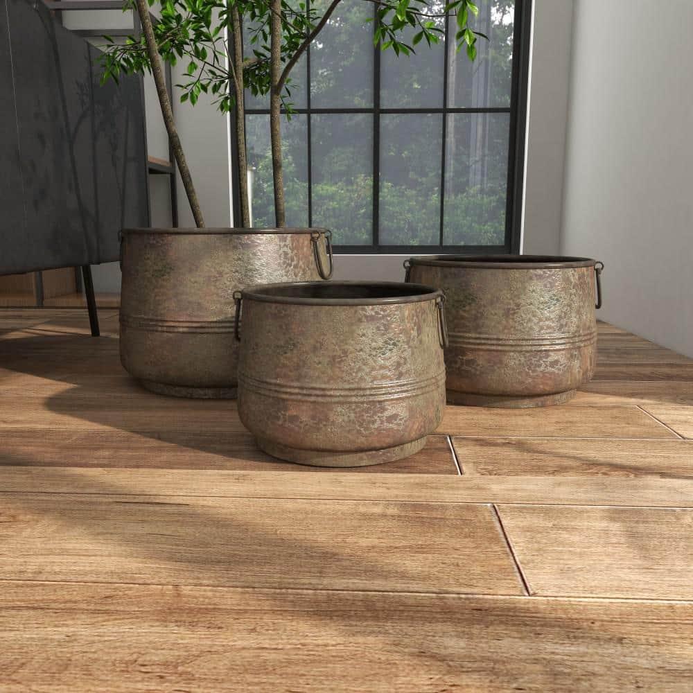Gracie Oaks Cowden 3 Piece Metal Distressed Bucket Style Indoor Outdoor Bronze Planter with Side Ring Handles Set