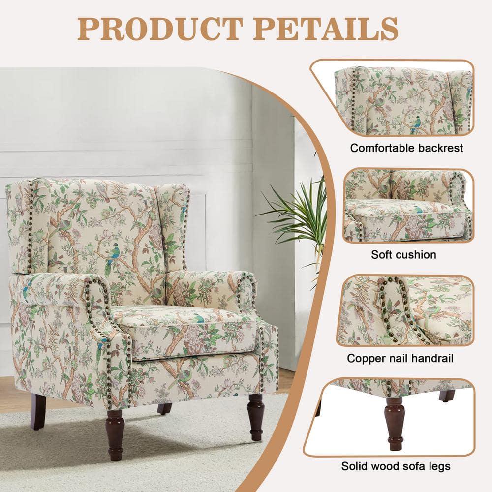 Bird Pattern Linen Upholstered High Back Accent Arm Chair with Nailhead Trim(Set of 2)