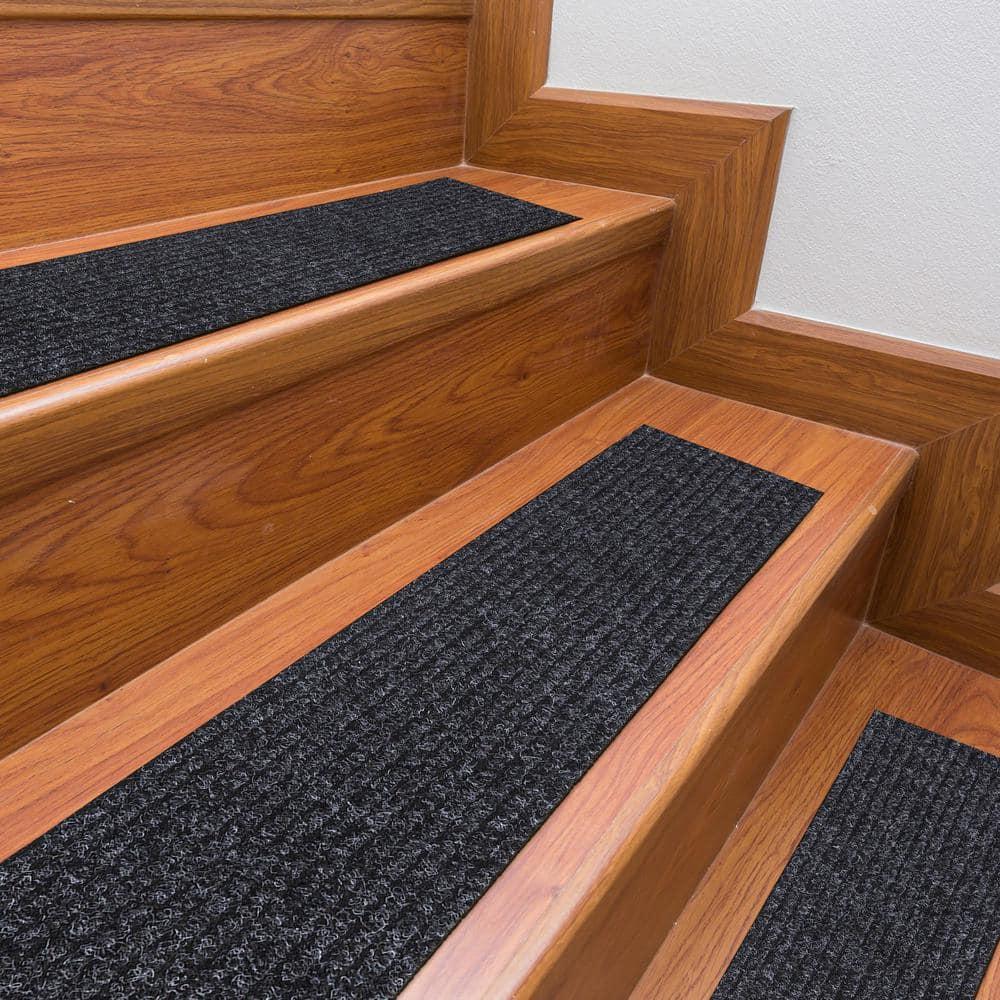 Ottomanson Non-Slip Rubberback Solid Design 8" x 30" Indoor/Outdoor Stair Treads, 7 Pack, Black
