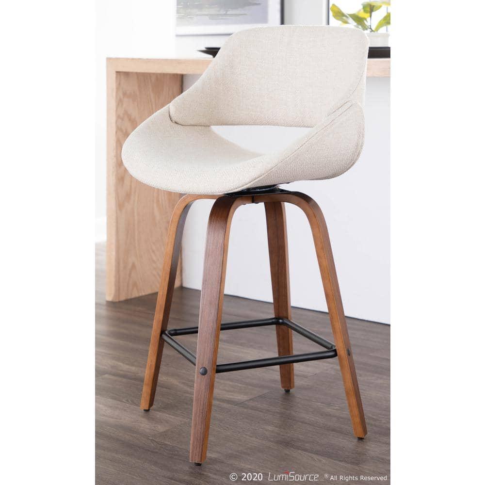 Set of 2 Fabrico Mid-Century Modern Counter Height Barstools Cream - LumiSource: Walnut Swivel Legs, Polyester Upholstery