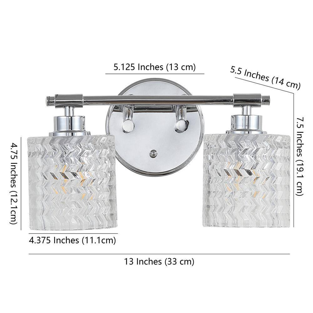 Spaulding Vintage 13" 2-Light Iron/Chevron Pattern Glass Farmhouse Cottage LED Vanity Light, Chrome