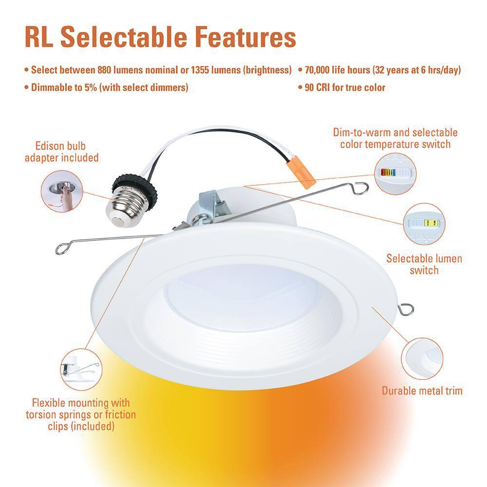 HALO RL Series 5/6 inch Recessed LED Retrofit Light, Selectable CCT 2700K-5000K Integrated LED, Dim to Warm, White Retrofit Baffle Trim, 600 Lumens