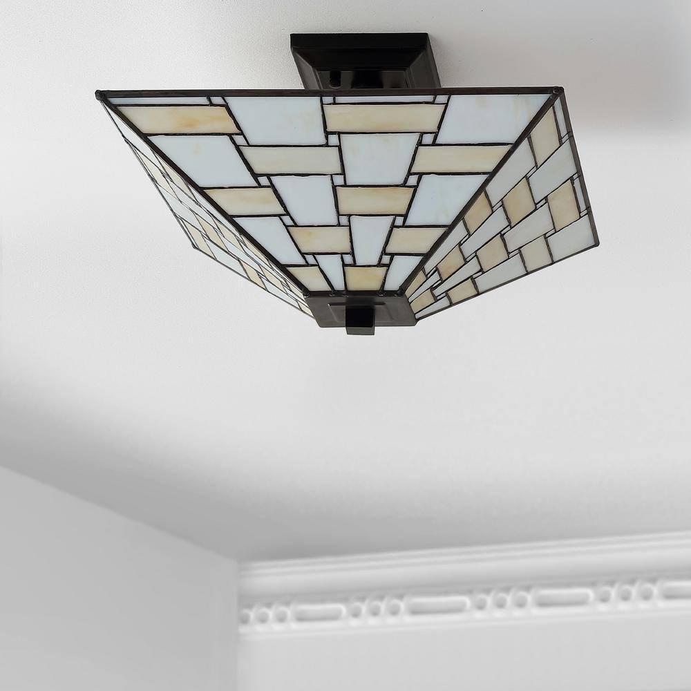 Jason 15.7 in. Tiffany-Style Glass/Metal White/Cream LED Semi-Flush Mount