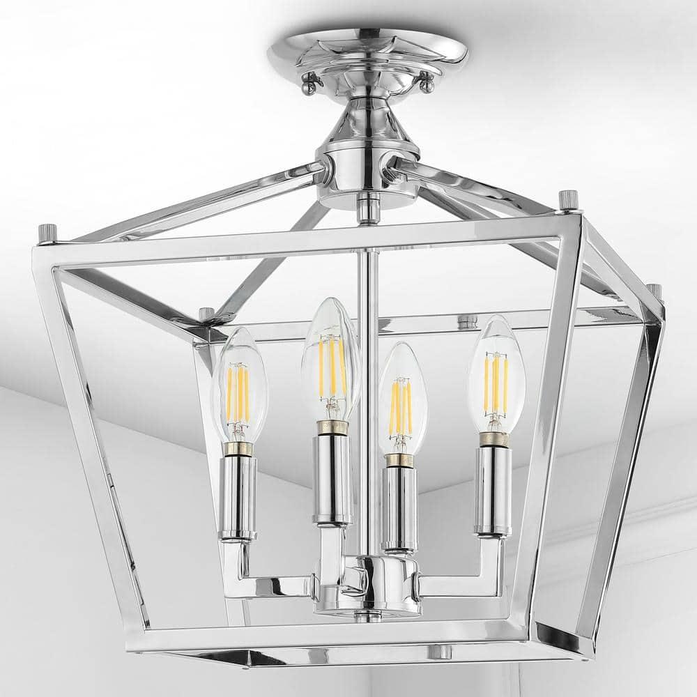 Plains Mini Lantern 12 in. 4-Light Chrome Iron Modern Farmhouse LED Flush Mount