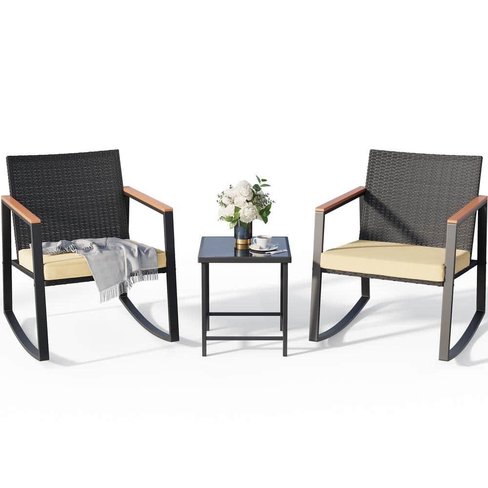 Lofka Patio Furniture Set with Tea Table 3 Pieces Outdoor Wicker Rocking Chairs Set for Porch & Garden, Beige Cushion