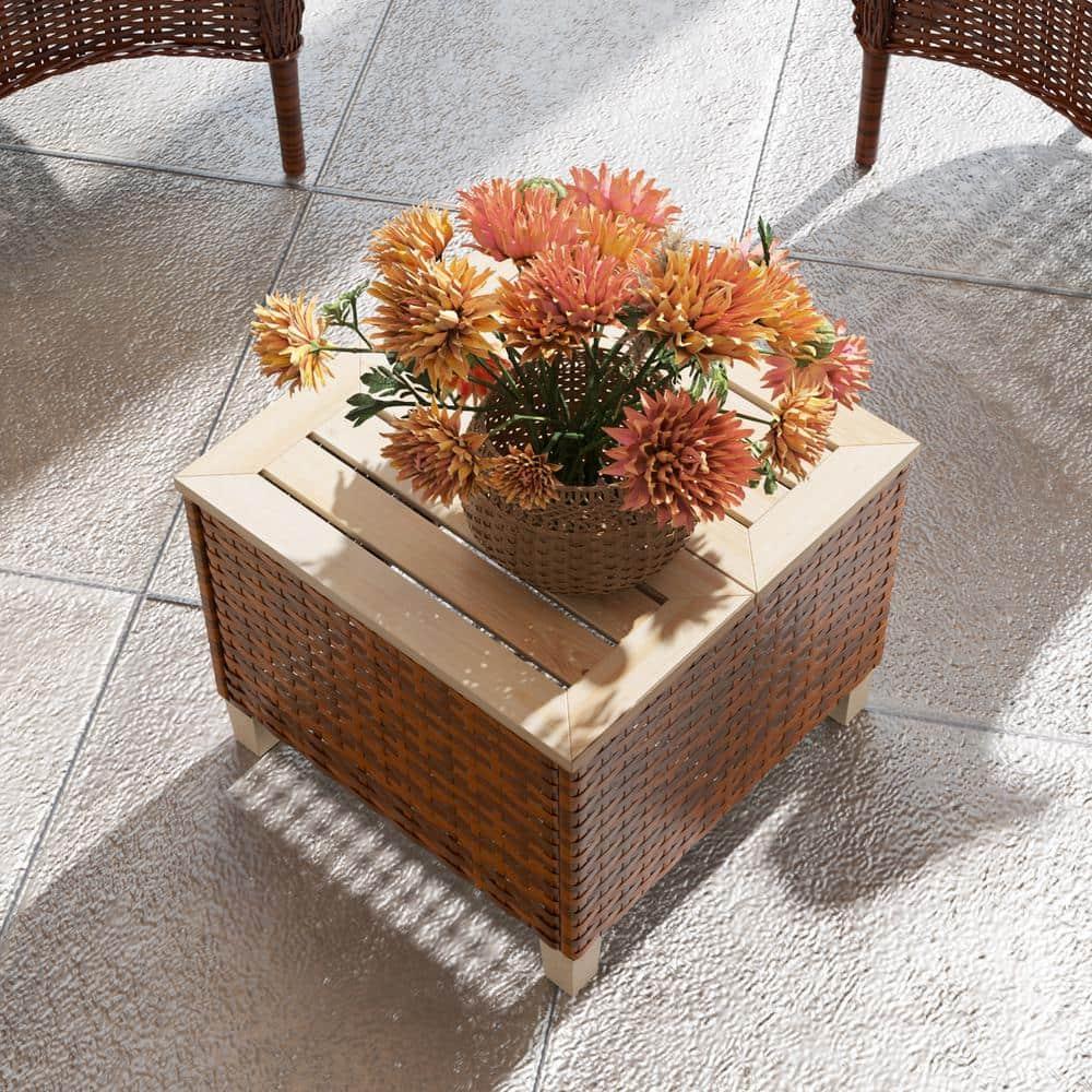 Outsunny PE Rattan Outdoor Side Table, Patio End Table with Wood Top, Brown