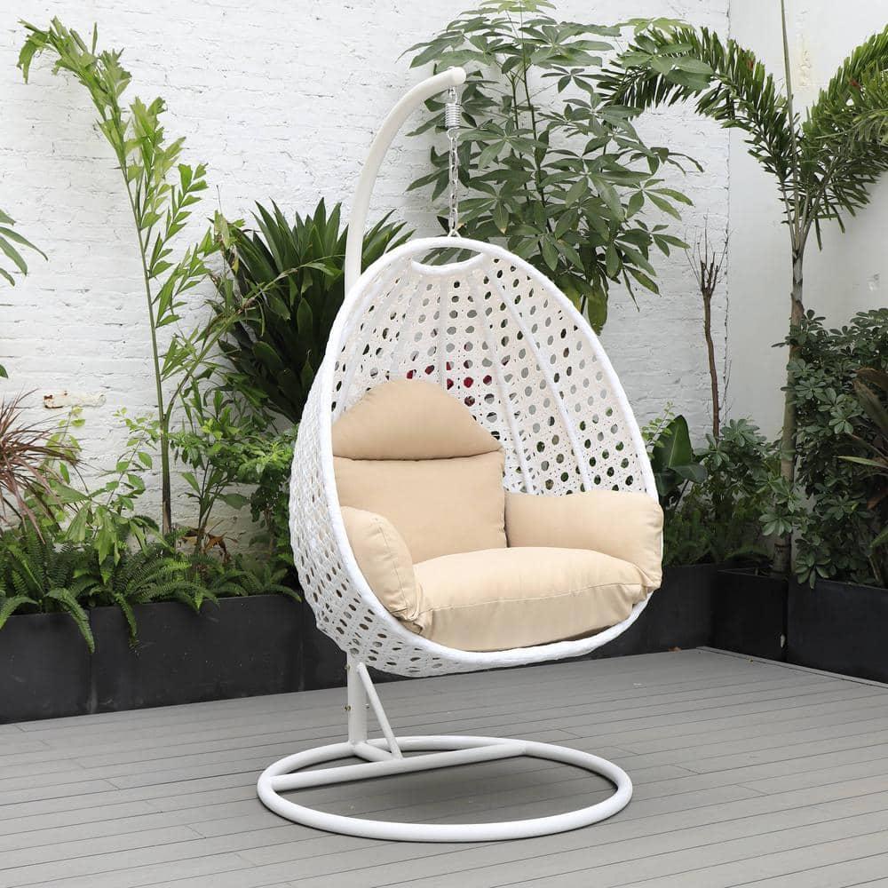 LeisureMod White Wicker Indoor Outdoor Bedroom Patio Hanging Egg Swing Chair with Stand and Cushion Beige